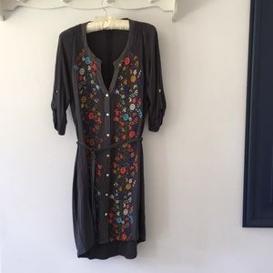 Embroidered, button front jersey dress